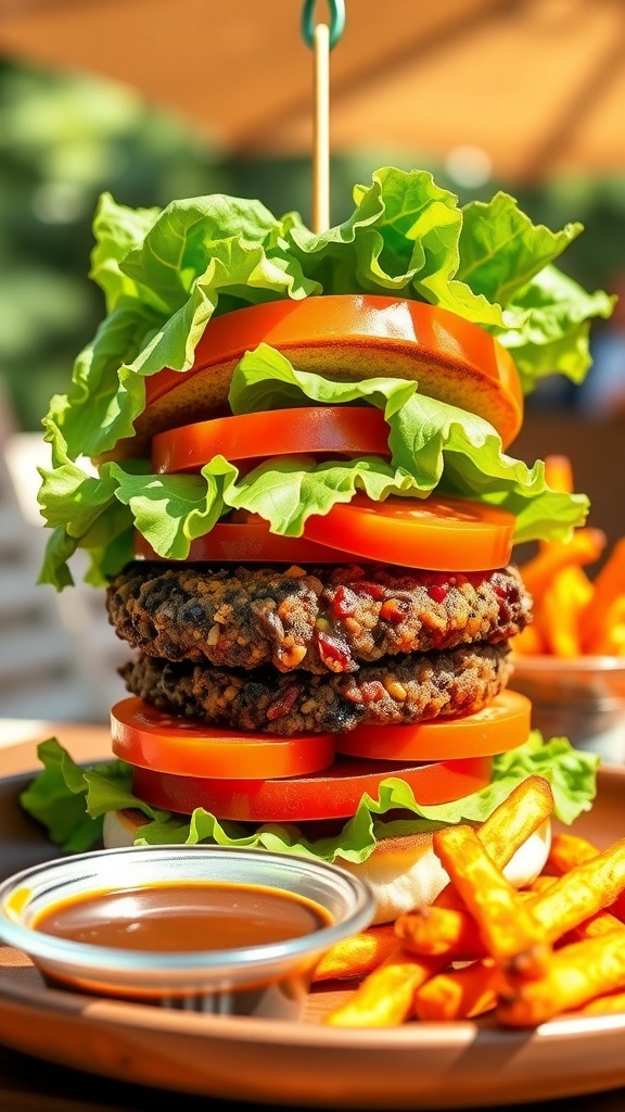 Juicy Vegetable Burger Recipe A colorful vegetable burger with lettuce, tomato, and a black bean patty on a toasted bun, served with sweet potato fries.